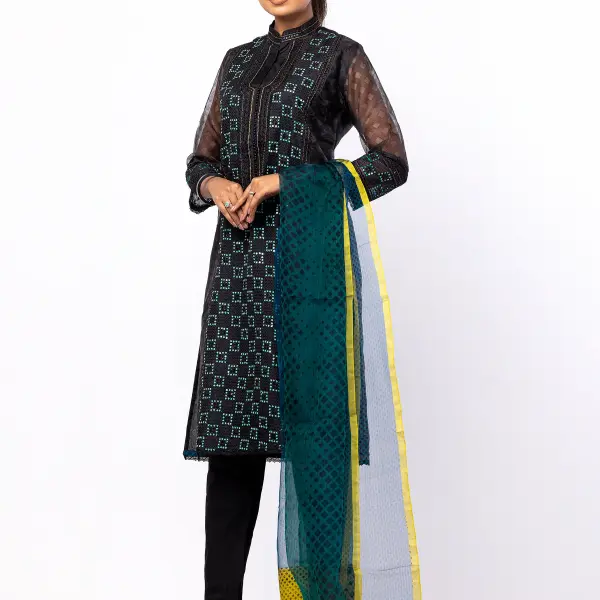 Black Printed and Embroidered Interwoven Theme Kameez