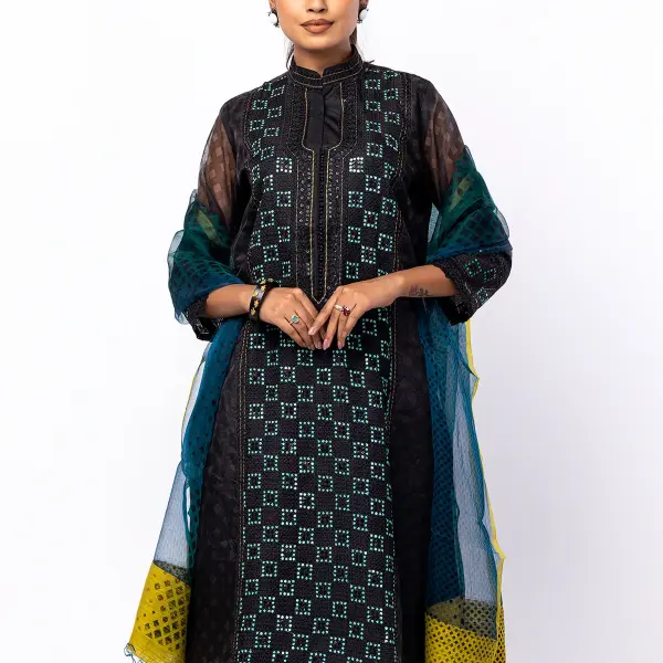 Black Printed and Embroidered Interwoven Theme Kameez
