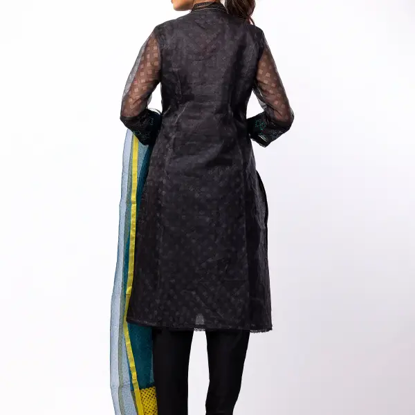 Black Printed and Embroidered Interwoven Theme Kameez